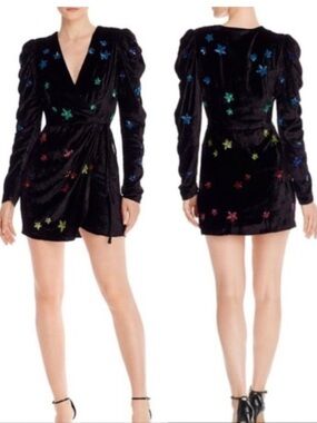 Rococo Sand Black Velvet Mini Dress with Multicolor Star Appliqués